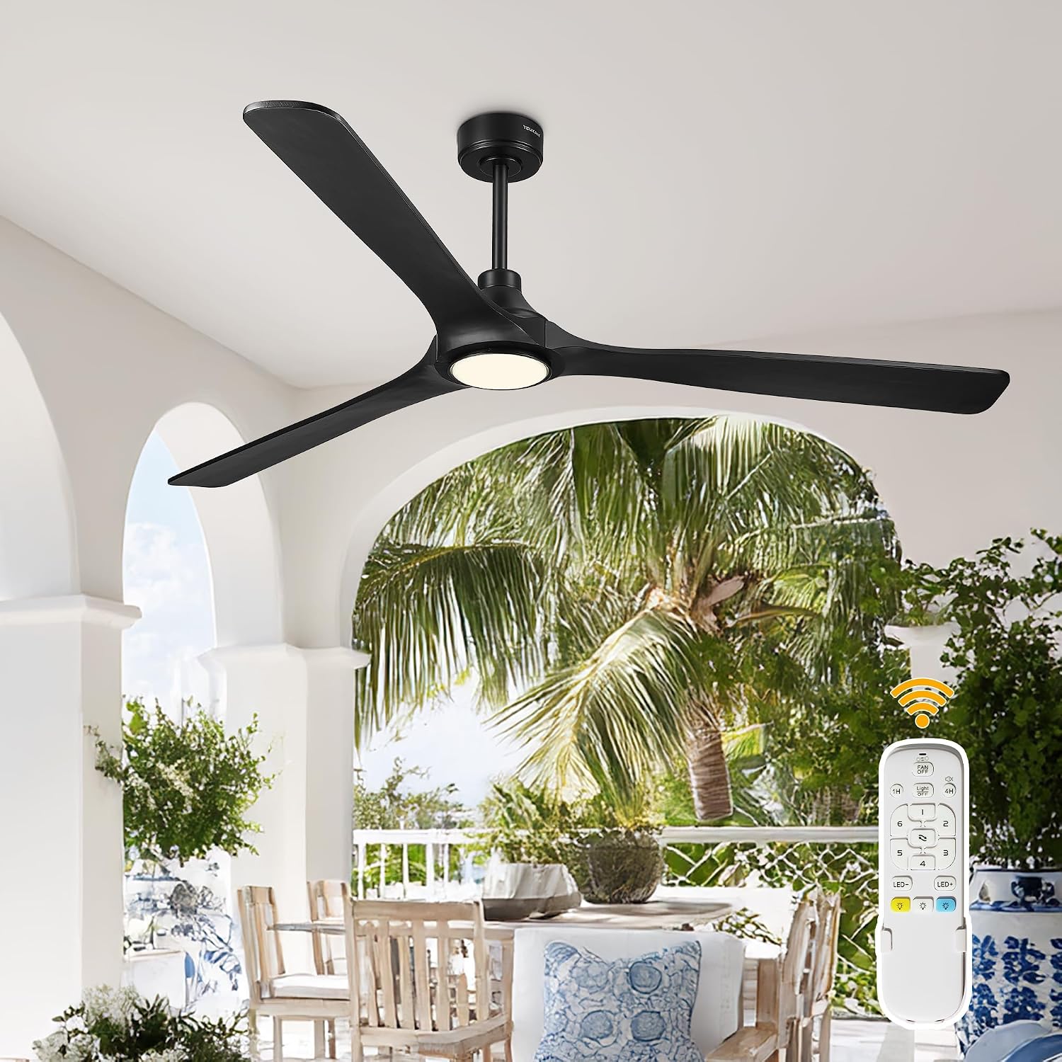 YOUKAIN 72 Inch Ceiling Fan with Light, 3 Black Solid Wood Blade, Remote Control, 3CCT Dimmable LED, 6-Speed Reversible Motor, Propeller Outdoor Ceiling Fans for Patios, 72-YJ817-BK