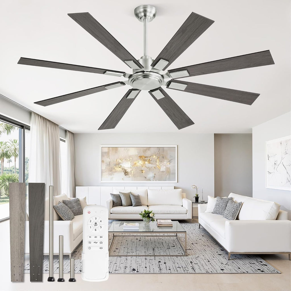 ZMISHIBO 62 Inch Ceiling Fans without Light, Brushed Nickel Modern Ceiling Fan no Lights, Quiet Reversible DC Motor, 6-Speeds, Outdoor Ceiling Fans for Patios, Living Room, Bedroom, Indoor/Outdoor Use