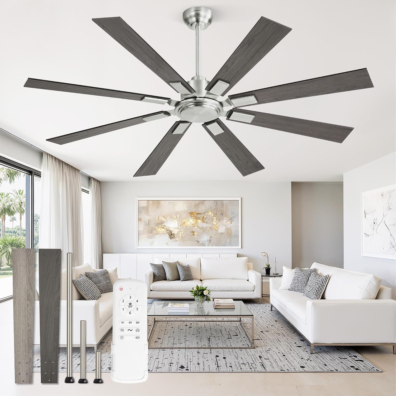 ZMISHIBO 62 Inch Ceiling Fans without Light, Brushed Nickel Modern Ceiling Fan no Lights, Quiet Reversible DC Motor, 6-Speeds, Outdoor Ceiling Fans for Patios, Living Room, Bedroom, Indoor/Outdoor Use