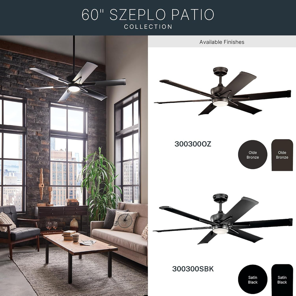 Kichler Szeplo II 60 in 6-Blade Outdoor Ceiling Fan with LED Light, DC Motor Wet Rated Patio Fan with Etched Cased Opal Glass in Old Bronze for Pergola Porch, 300300OZ