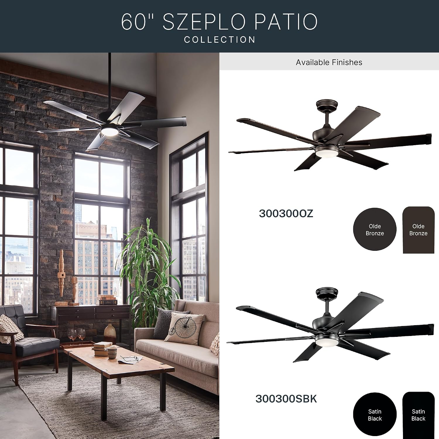 Kichler Szeplo II 60 in 6-Blade Outdoor Ceiling Fan with LED Light, DC Motor Wet Rated Patio Fan with Etched Cased Opal Glass in Old Bronze for Pergola Porch, 300300OZ