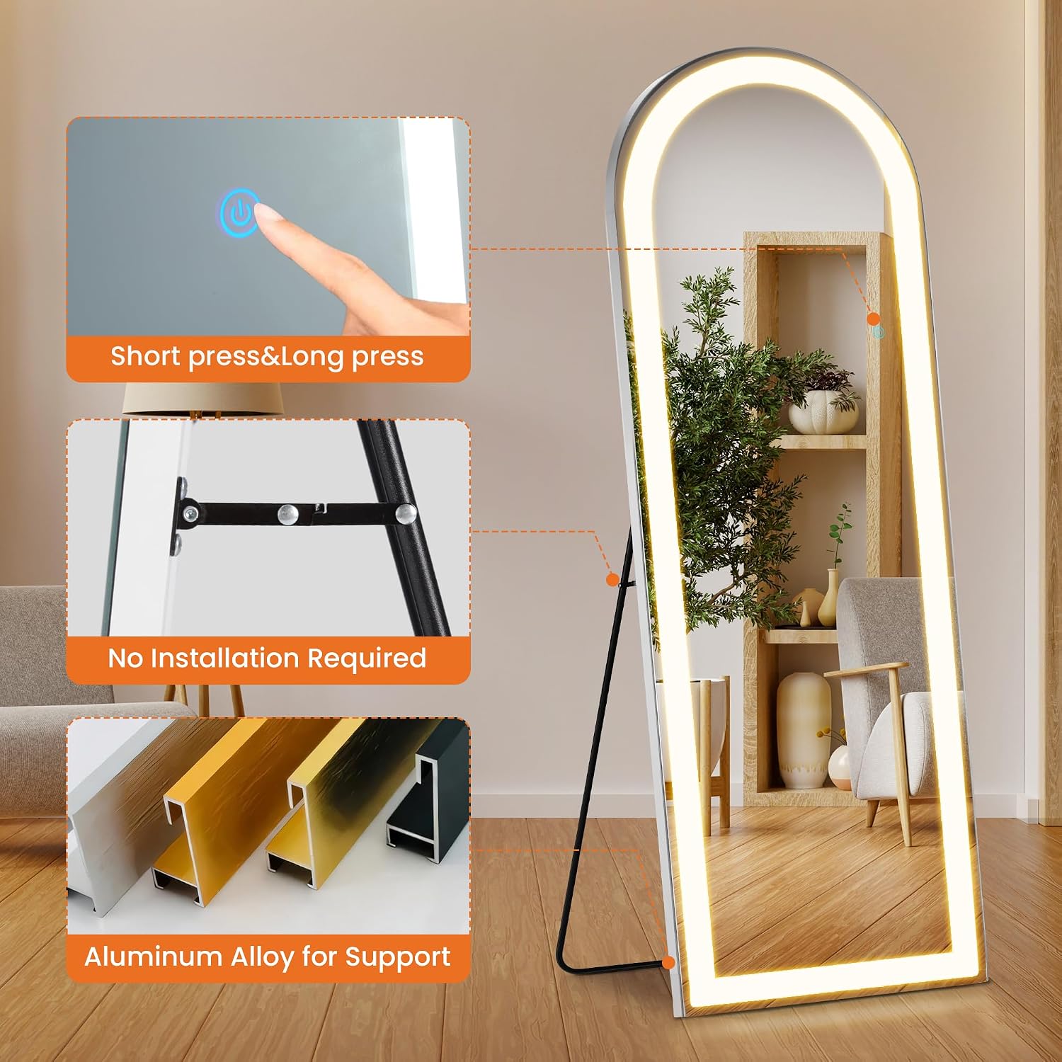 Elevon Full Length Mirror with LED Lights, 71'x26' Floor Mirror with Dimming & 3 Color Lighting, Led Mirrors Full Length with Stand for Bedroom, Dressing Room, Arched