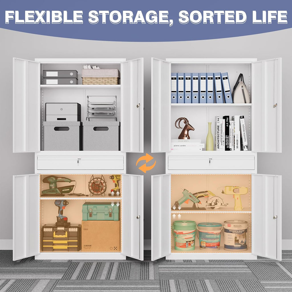Metal Storage Cabinet,Tall File Cabinet with 2 Adjustable Shelves and Drawer,Lockable Steel Tool Cabinet for Home Office Garage School Warehouses