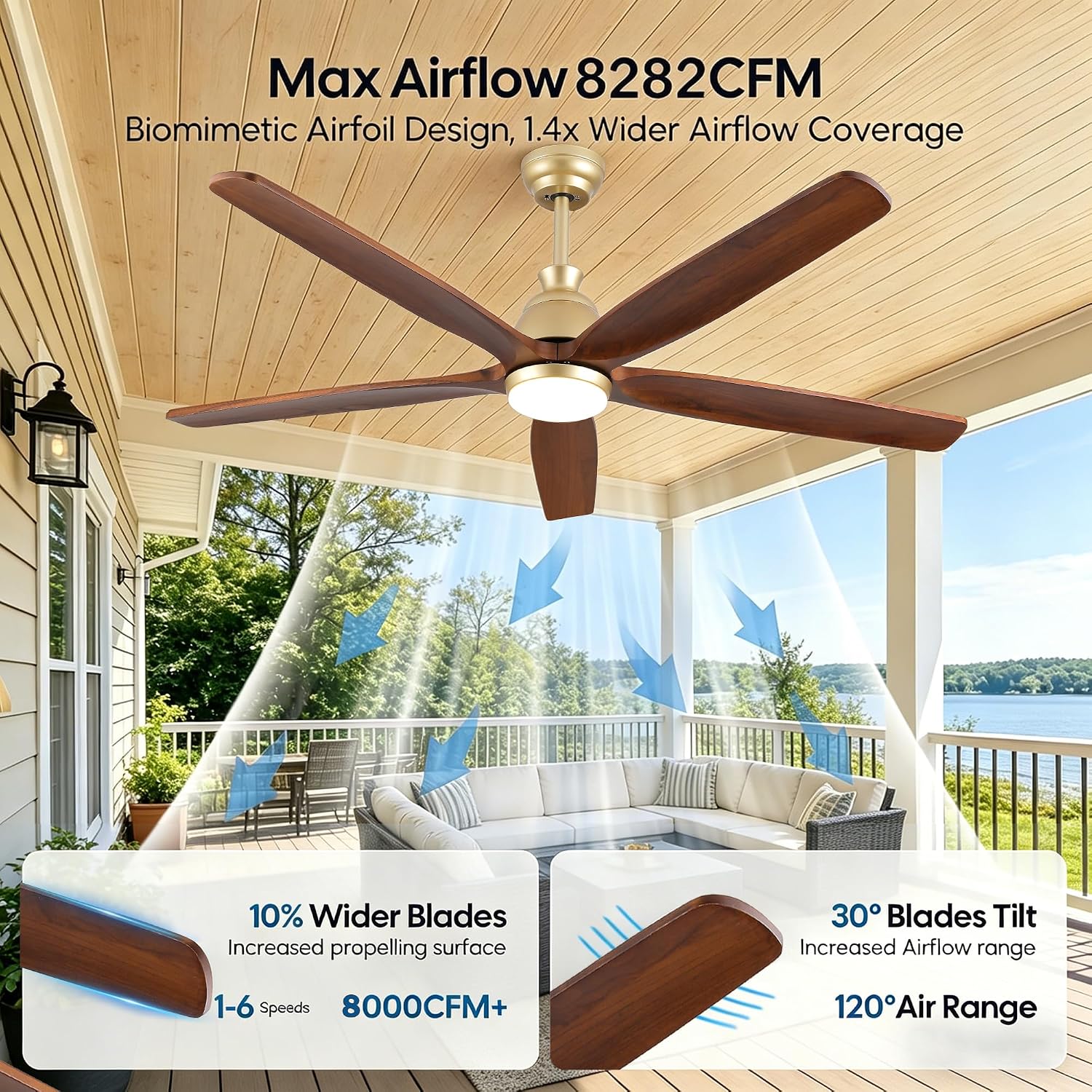 60 Inch Ourdoor Gold Ceiling Fan with Light, 5 Walnut Wood Blade Damp-Rated, Indoor Exterior High CFM Propeller for Patio Farmhouse, 6 Speeds Quiet Reversible DC Motor, for Living Room Porch
