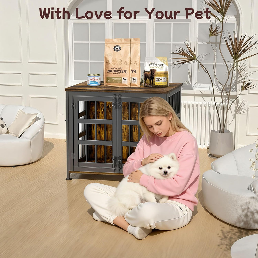 26'' Dog Crate Furniture Large Breed Dog Crate Dog Kennels for Inside Wooden Dog Crates End Table Heavy Duty Indoor Combination Cage for Medium to Large Dogs Walnut