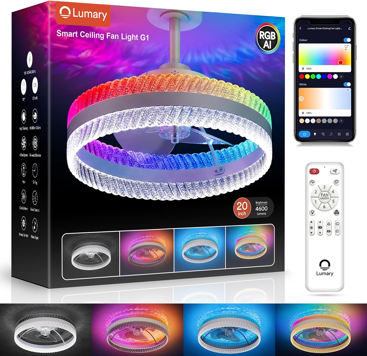 Lumary Smart Ceiling Fans with Lights, RGBAI Rainbow Flow Lighting with Feather Projection, Flush Mount/Downrod for Low Profile or High Ceilings, Modern Bladeless Crystal Fan Light for Bedroom, 20in