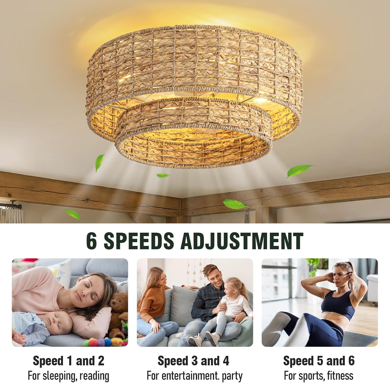 18'' Boho Caged Ceiling Fan with Light and Remote, Rattan Flush Mount Ceiling Fan, Low Profile Fandelier with 6 Speeds for Bedroom Living Room Kids Room Nursery Kitchen
