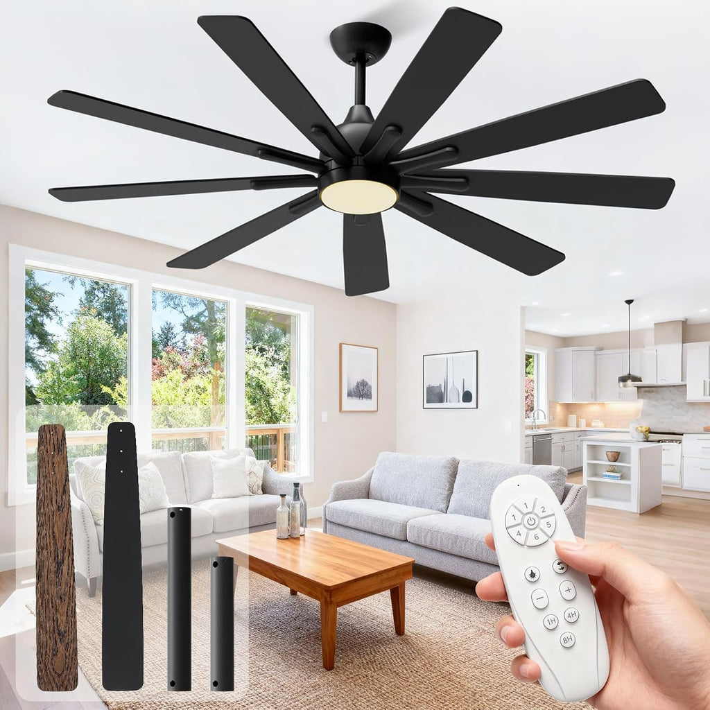 72 Inch Ceiling Fan with Light，Indoor/Outdoor Large Ceiling Fans with Lights for Kitchen Living Room Patio,8 Blade Black Reversible Quiet DC Motor,6 Speeds, Dimmable，3 CCT(Dual Finish)