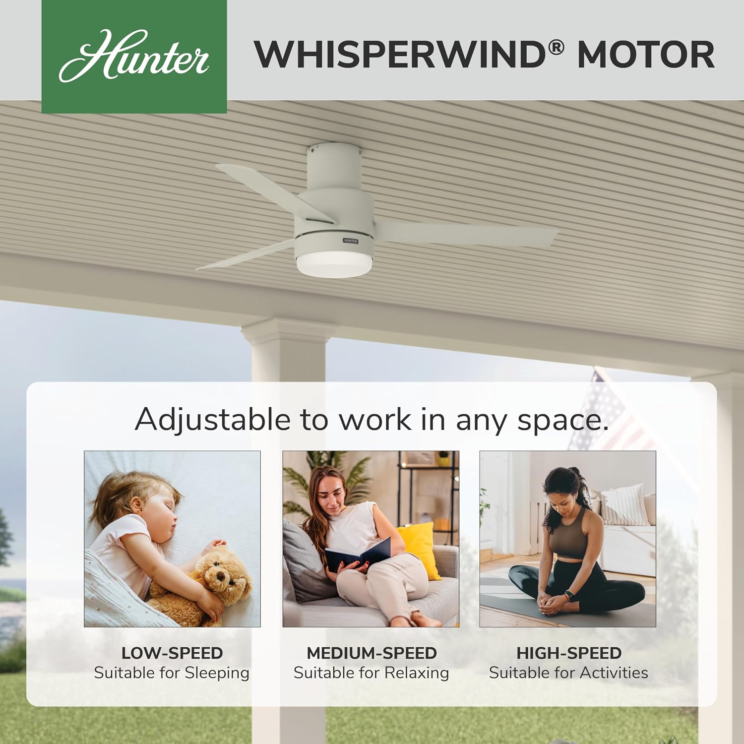 Hunter 52 inch Outdoor or Indoor Ceiling Fan with LED Light and Remote Control - Low Profile Mount Ceiling Fan, 3 Blades, For Patio, Porch, Garage, or Living Room, Quiet - Gilmour 51840, Matte White