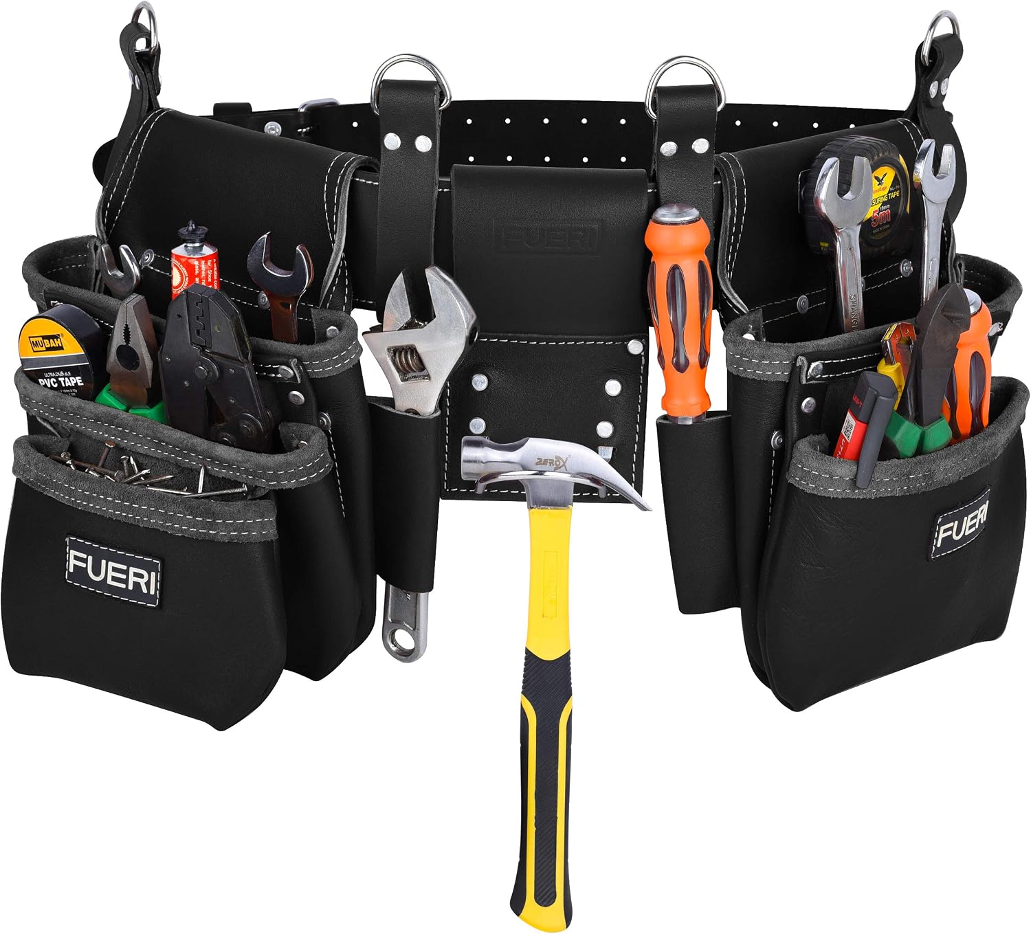 FUERI Full Grain Leather tool belts for men, Heavy-duty Carpenter Tool Rig organizer with 17 Pockets pouches, hammer holder, 4-Suspender loops, and a foam-padded belt for Framers, and Electricians
