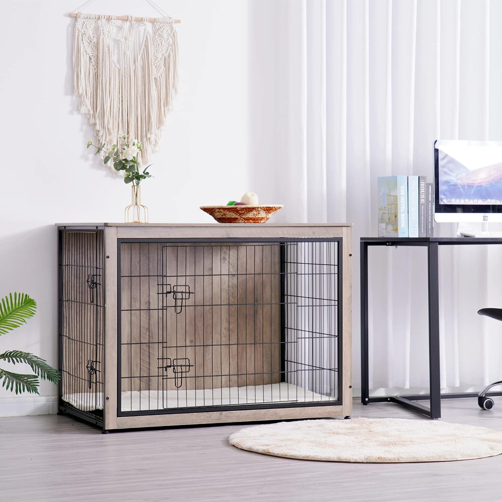 DWANTON Dog Crate Furniture with Cushion, Wooden Kennel Table with Double Doors, Indoor Dog House, Extra Large Size, 43.3' L, Greige