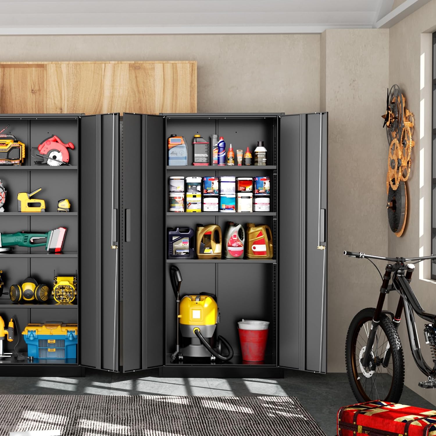 Greenvelly 72' H Metal Garage Storage Cabinet with 2 Doors and 4 Adjustable Shelves, Black Metal Cabinet with Lock, Steel Tool Cabinet for Office, Home, Garage, Gym, School（New Recessed Handle）