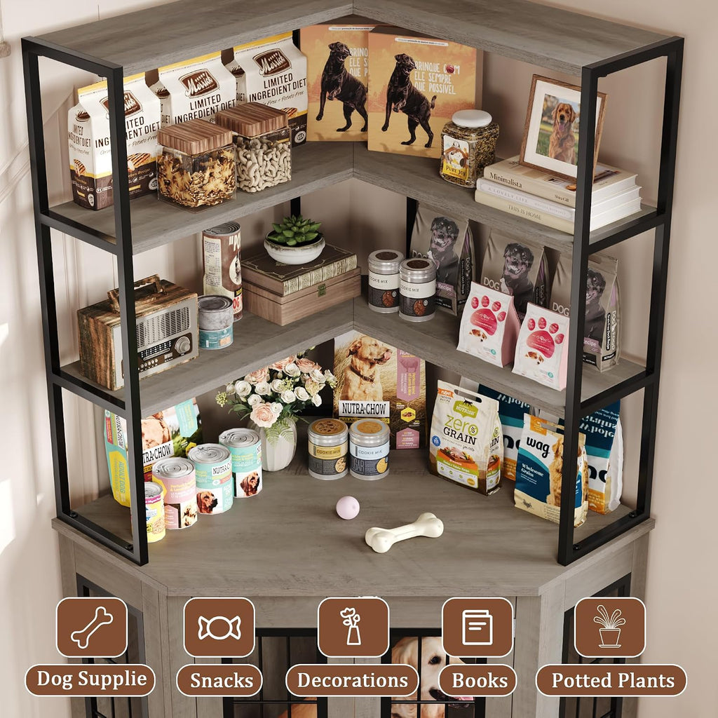 FACBOTALL Corner Dog Crate Furniture with Storage, Decorative Large Dog Kennel Indoor Furniture with Double Doors, 2 Safety Locks, 4-Tier Shelves, Large Dog Cage Furniture for Medium and Big Dogs