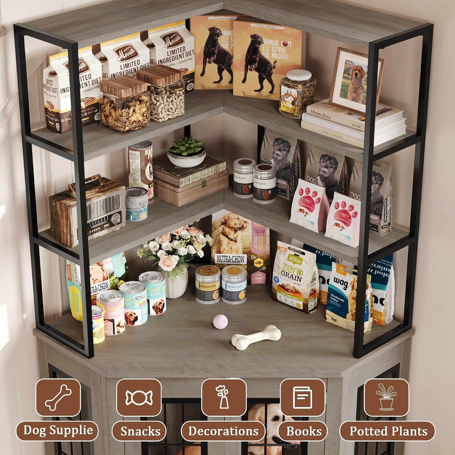 FACBOTALL Corner Dog Crate Furniture with Storage, Decorative Large Dog Kennel Indoor Furniture with Double Doors, 2 Safety Locks, 4-Tier Shelves, Large Dog Cage Furniture for Medium and Big Dogs
