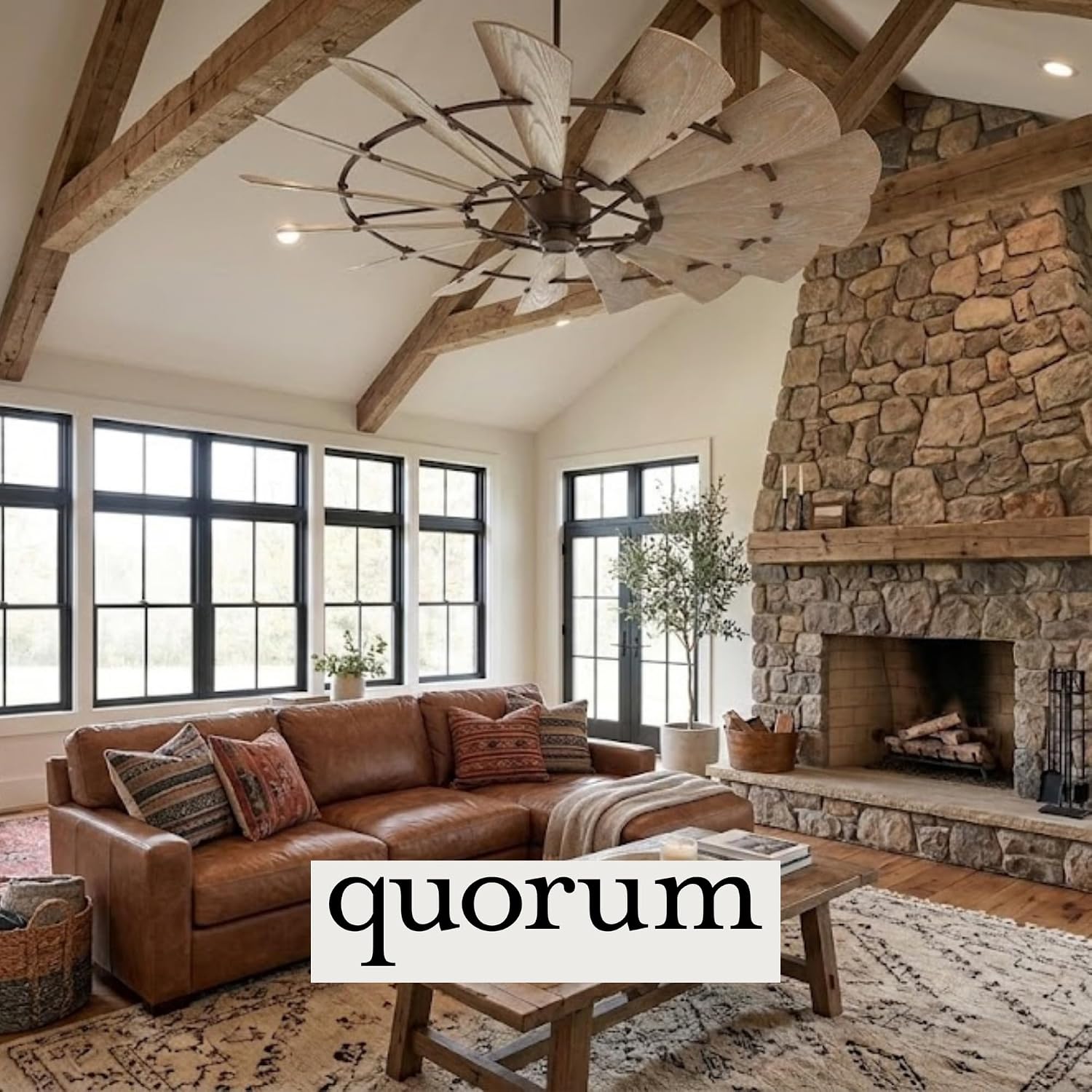 Quorum 97215-86 Windmill 72 Inch Ceiling Fan | 15 Blade Wagon Wheel Design | 6 Speed Reversible DC Motor | Remote Control Included | Dry Rated Indoor Fan | Weathered Oak Blades | Oiled Bronze Finish