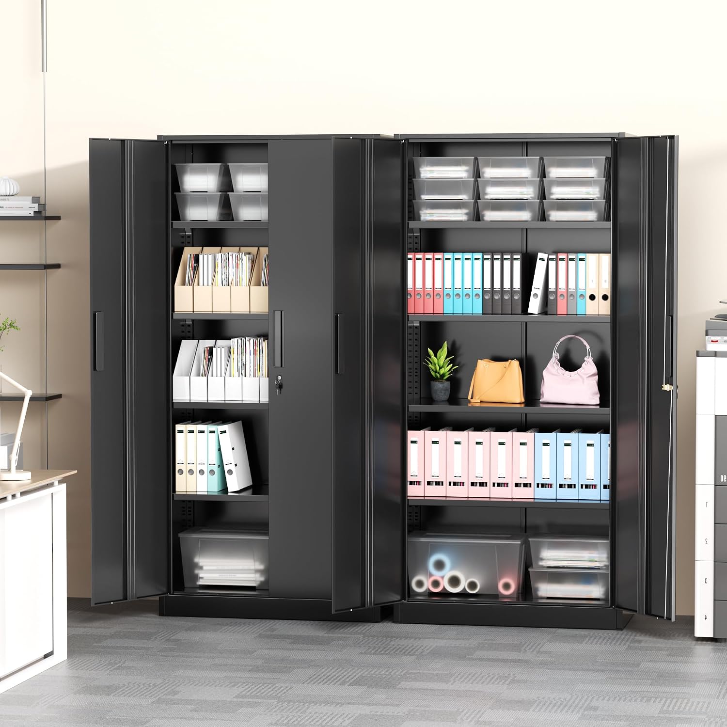 Greenvelly Metal Storage Cabinet with Lock, Steel Garage Storage Cabinet with 2 Doors and Adjustable Shelves, File Organization for Office, Home, Garage, School (Black)
