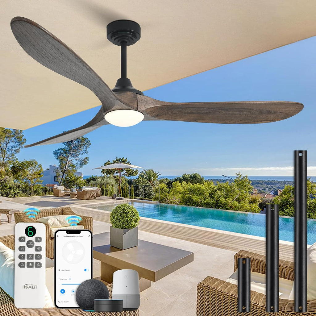 60' Outdoor Ceiling Fan with Light 3 Downrods, Smart Wood Ceiling Fan Compatible with Alexa/Google/App, 3 Blades Modern Walnut Wood Ceiling Fans for Kitchen Living Room Patio,Dark Brown