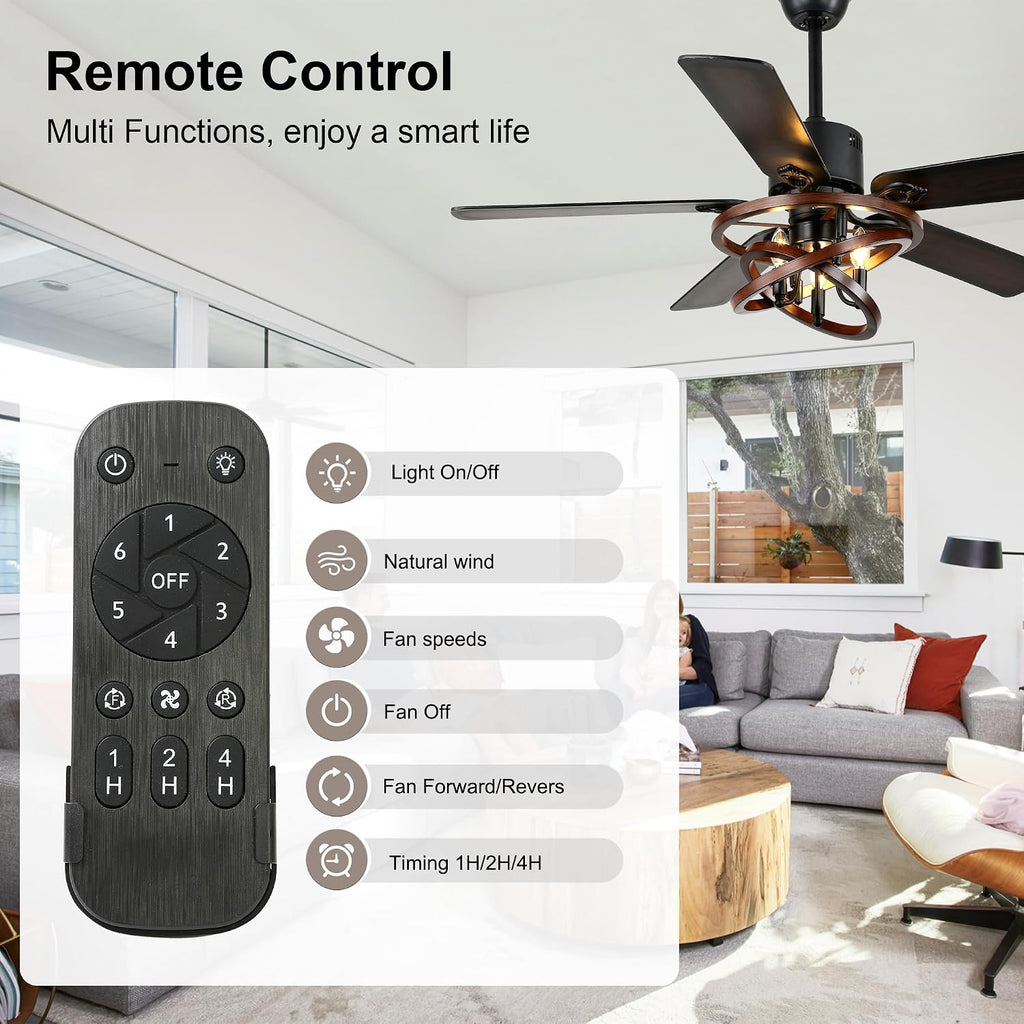 52' Farmhouse Ceiling Fan with Lights and Remote Control, Rustic Fandalier Ceiling Fan DIY Shape Caged Chandelier Light for Living Room Indoor Outdoor, 3 E12 Bulbs (Not Included)