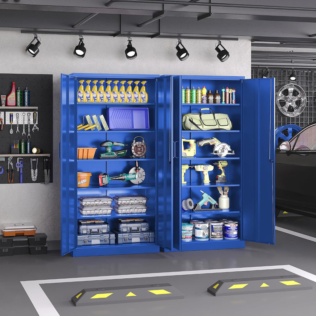Metal Cabinet with Lock, Tall Storage Cabinet with Door and Adjustable Shelves,Blue Steel Storage Cabinets for Garage,Home Office,Pantry,School,Hospital