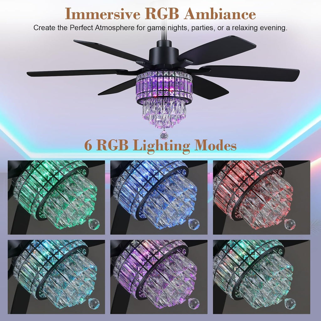 Kviflon 52 Inch Crystal Ceiling Fan with RGB Lights, Black Fandelier Ceiling Fan with Light and Remote/APP Control, Modern Chandelier Ceiling Fan for Bedroom Living Room, Quiet DC Motor, Dimmable LED