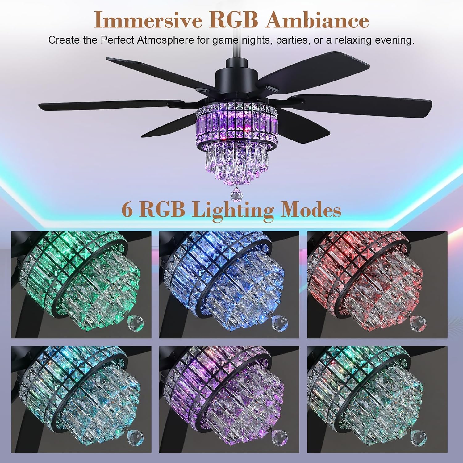 Kviflon 52 Inch Crystal Ceiling Fan with RGB Lights, Black Fandelier Ceiling Fan with Light and Remote/APP Control, Modern Chandelier Ceiling Fan for Bedroom Living Room, Quiet DC Motor, Dimmable LED