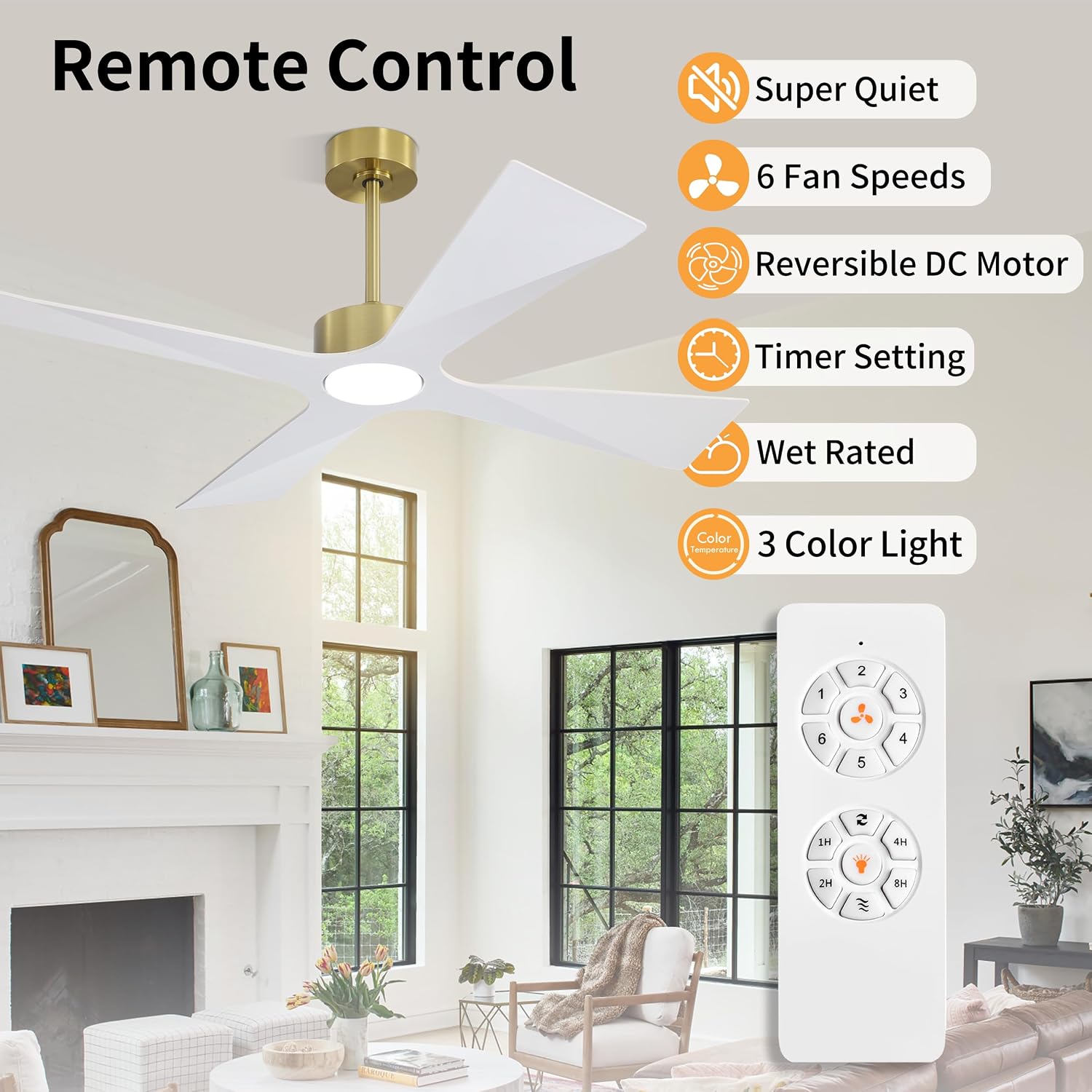 WINGBO 54' Wet Rated Outdoor Ceiling Fan with Lights, 4 ABS Plastic Blades, Reversible DC Motor, 6-Speed Remote Control, 3 CCT, Waterproof Ceiling Fan for Patio Porch Gazebo Garage, Brass and White