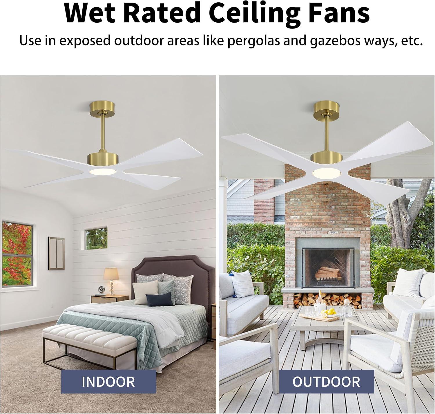 WINGBO 54' Wet Rated Outdoor Ceiling Fan with Lights, 4 ABS Plastic Blades, Reversible DC Motor, 6-Speed Remote Control, 3 CCT, Waterproof Ceiling Fan for Patio Porch Gazebo Garage, Brass and White
