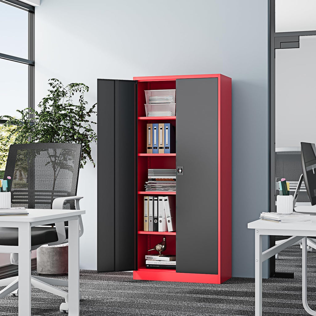 Fesbos Metal Storage Cabinet-72' Tall Steel File Cabinets with Lockable Doors and Adjustable Shelves-Black&Red Steel Storage Cabinet for Kitchen, Office, Garage