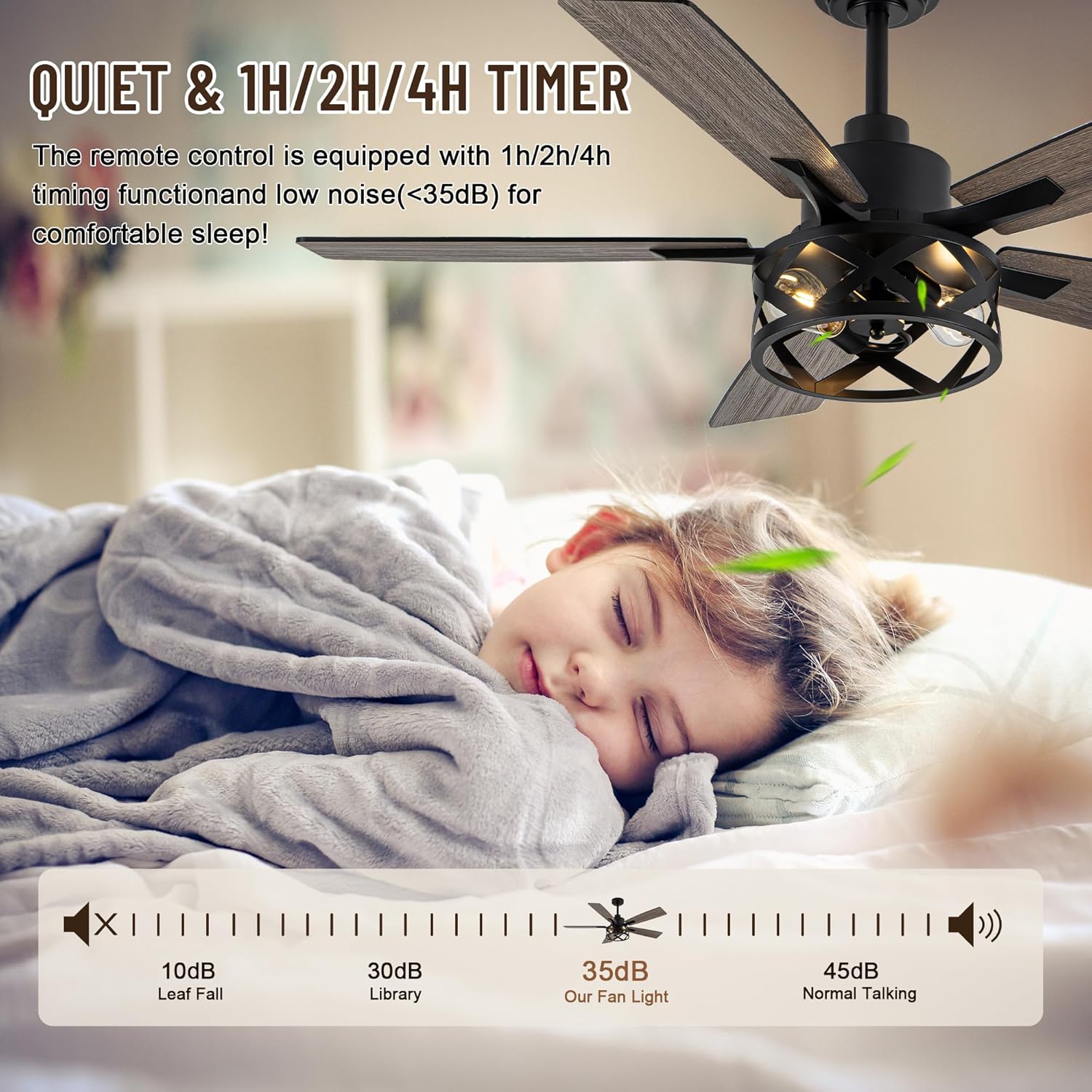 52' Farmhouse Ceiling Fan with Lights and Remote,Ceiling Fan with Caged Rustic Light Fixture,Reversible DC Motor,5 Double Finish Wood Blades for Patio,Living Room,Dining Room,Bedroom