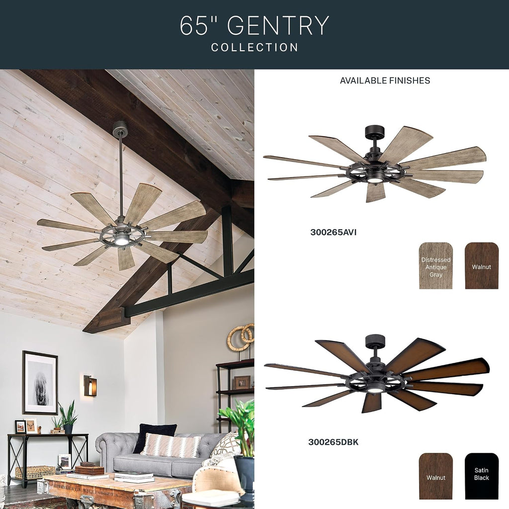 Kichler Gentry XL 65' Ceiling Fan with Lights, 1-Light LED, 3000K, 9-Blade Modern Rustic Fan for Bedroom in Distressed Black, (65' W x 16.5' H), 300265DBK