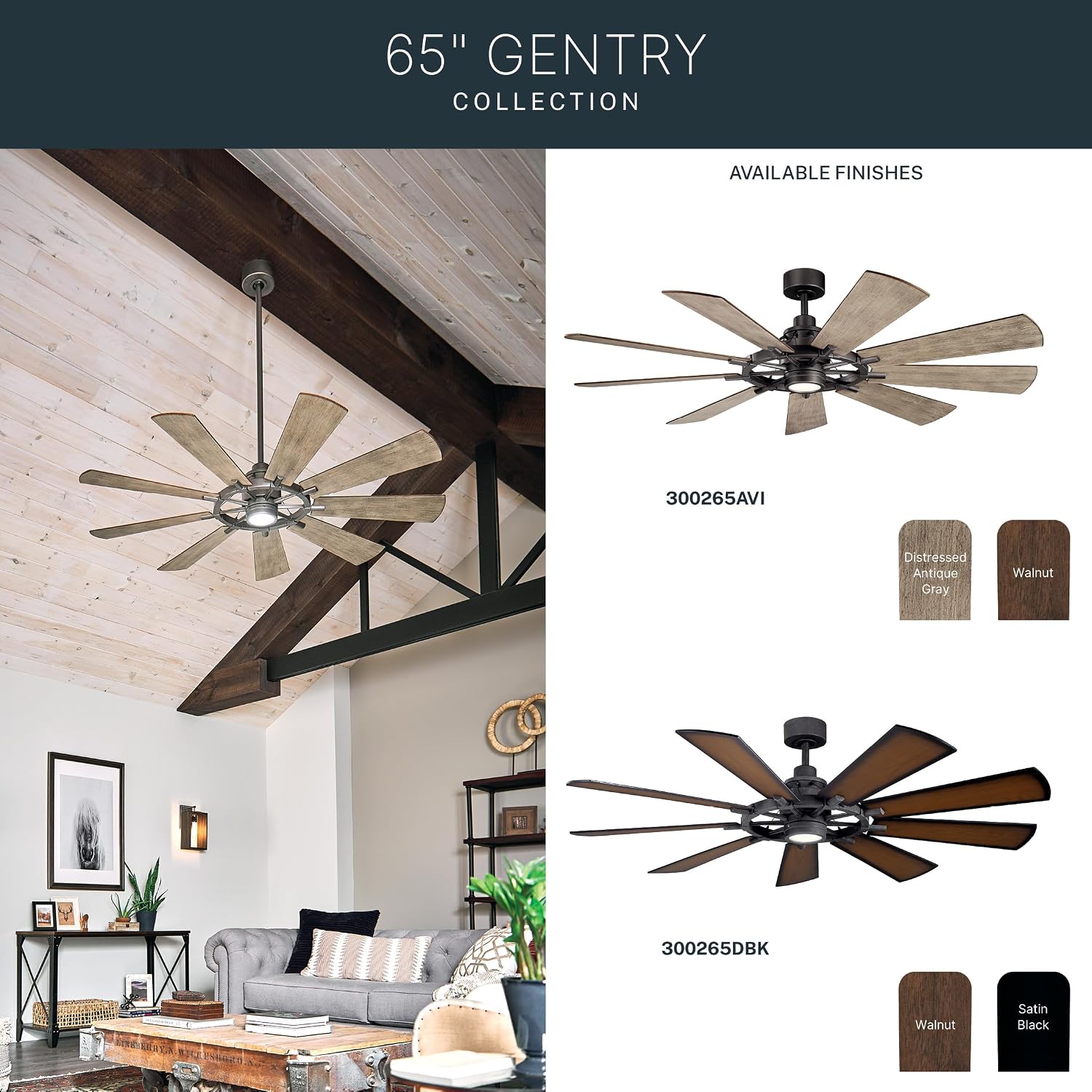Kichler Gentry XL 65' Ceiling Fan with Lights, 1-Light LED, 3000K, 9-Blade Modern Industrial Fan for Bedroom in Anvil Iron, (65' W x 16.5' H), 300265AVI