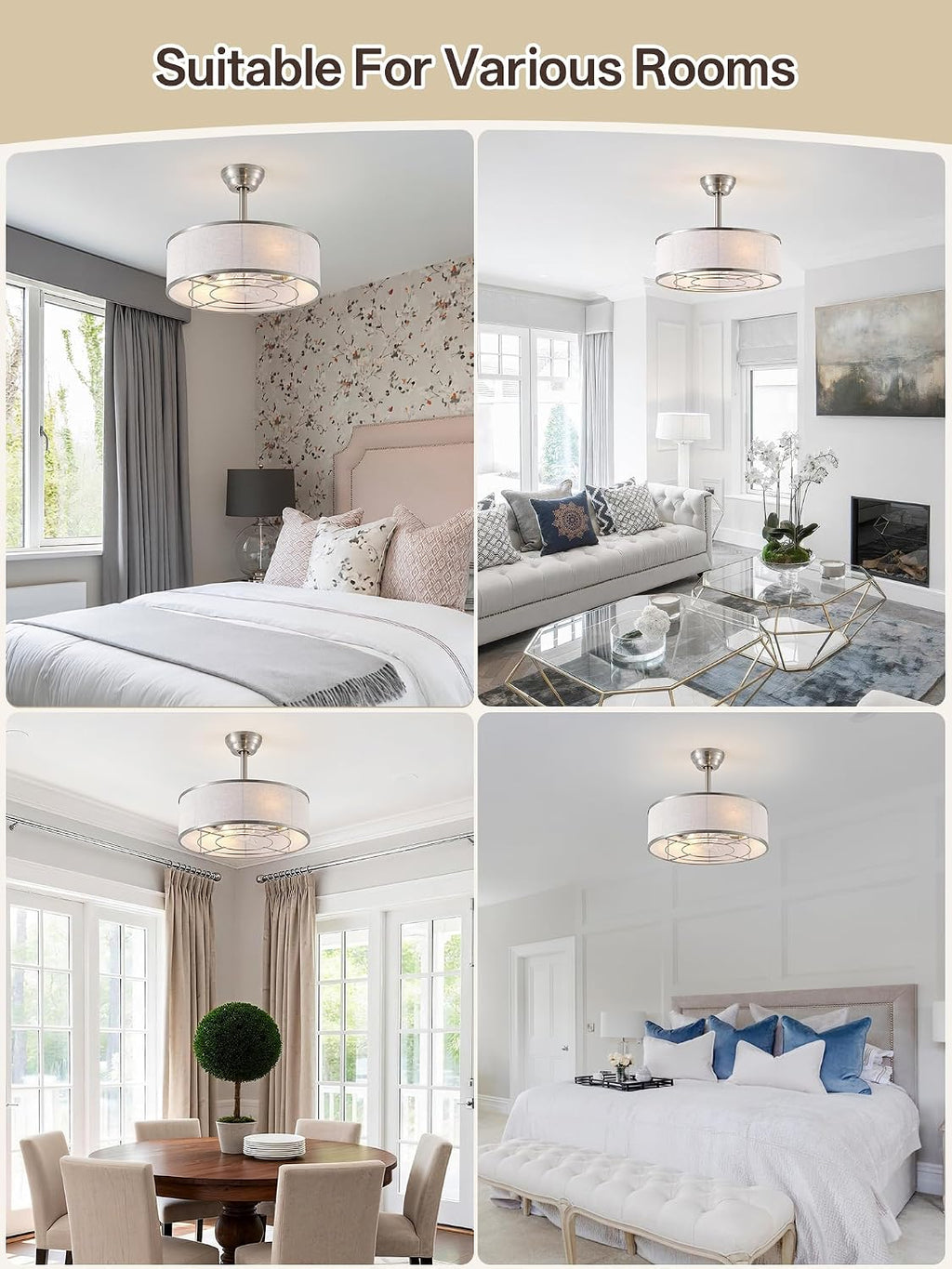 20' Sliver Caged Boho Fandelier Ceiling Fan with Light & Remote Control - Bladeless Chandelier Fan, 6 Speed Quiet Reversible Motor for Bedroom, Nursery, Living Room