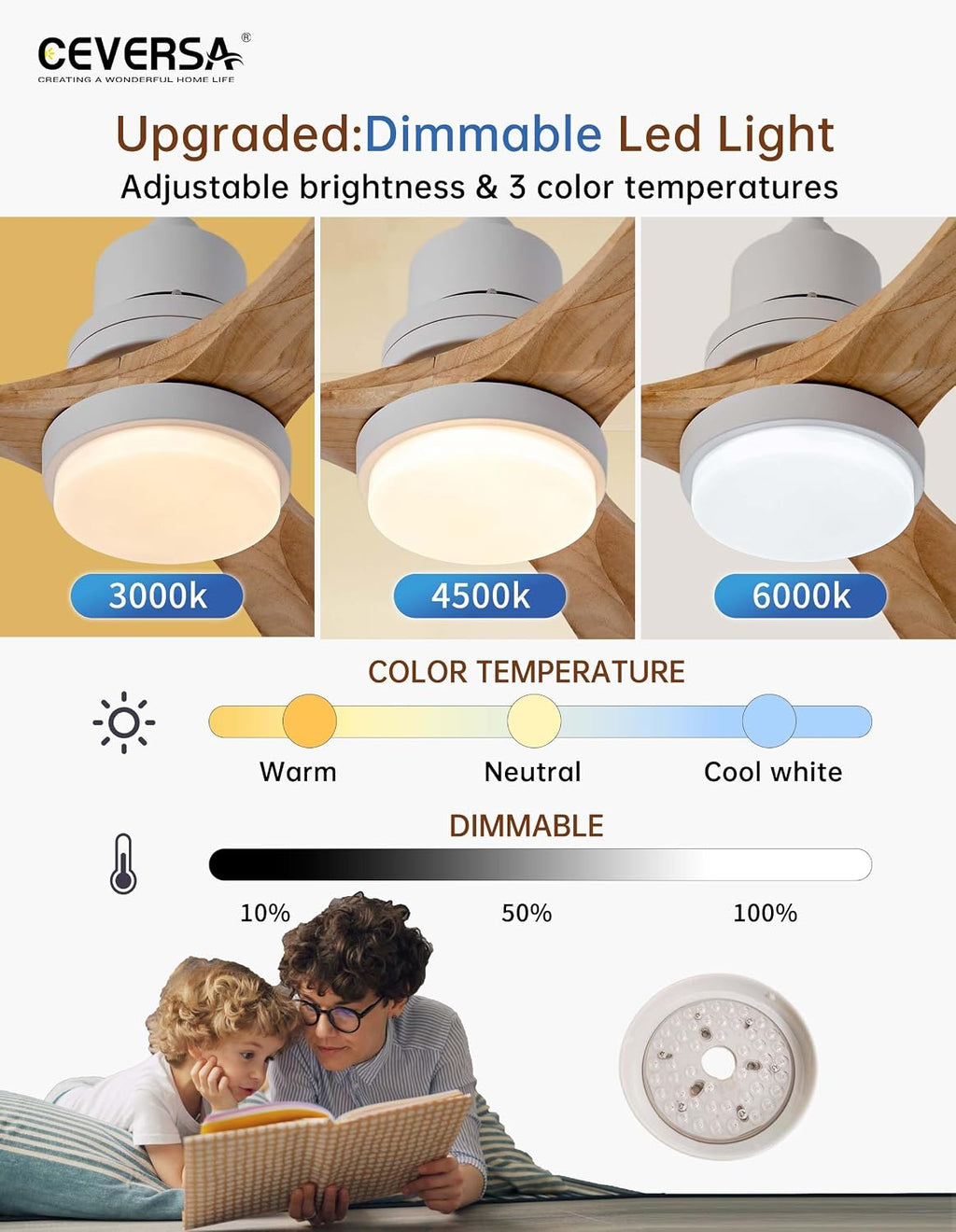 52 Inch Natural Wood Ceiling fans with Lights and Remote,3 Blades Wooden Modern Ceiling Fans,Dimmable Light,Noiseless Reversible DC Motor for Patio,Living Room,Outdoor,Indoor,Farmhouse