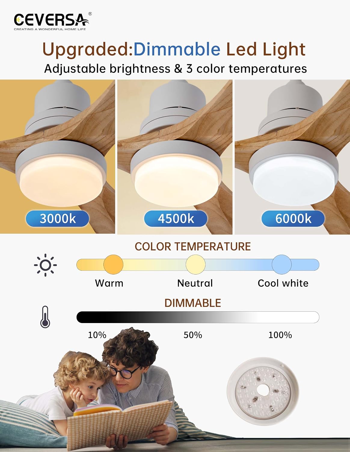 52 Inch Natural Wood Ceiling fans with Lights and Remote,3 Blades Wooden Modern Ceiling Fans,Dimmable Light,Noiseless Reversible DC Motor for Patio,Living Room,Outdoor,Indoor,Farmhouse