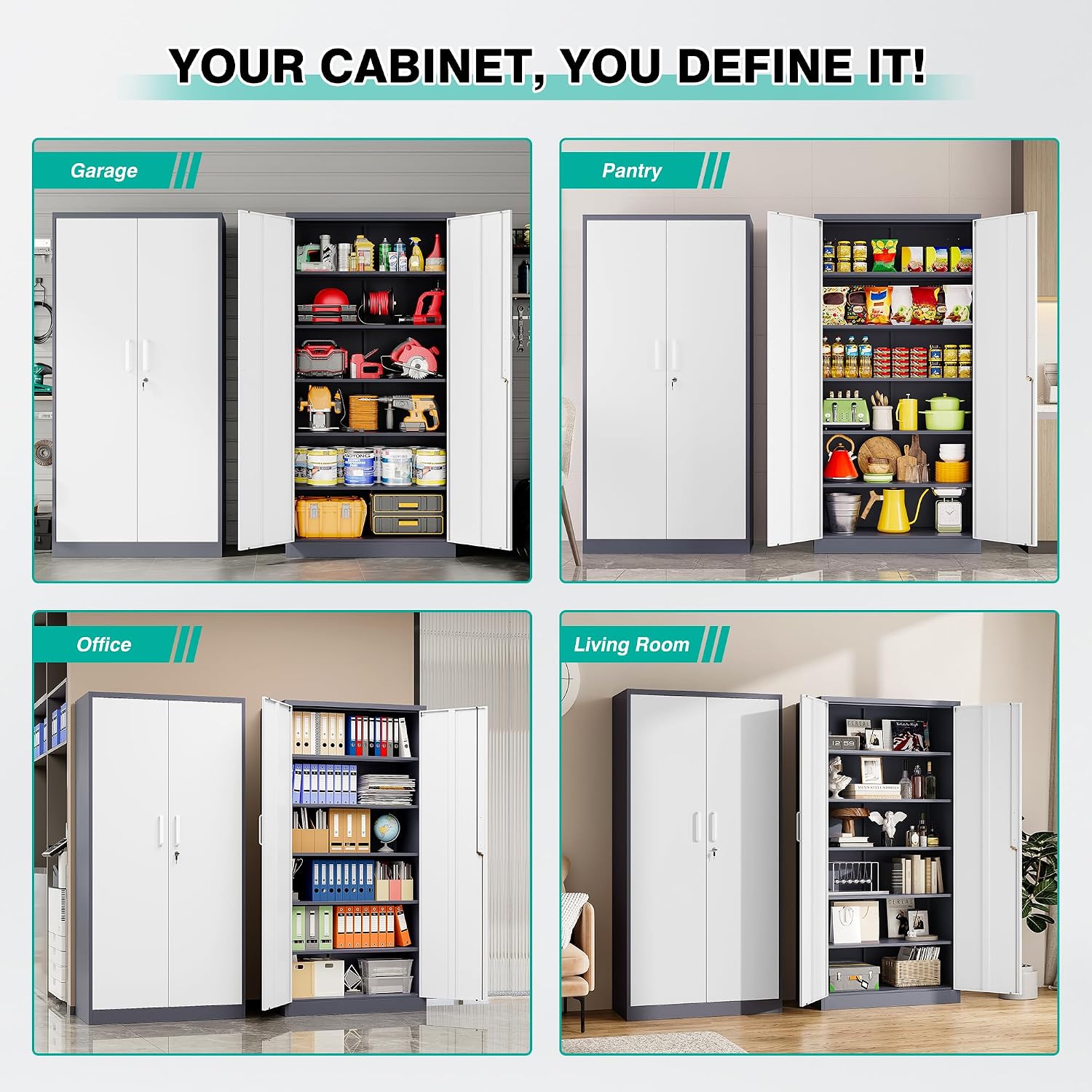 Metal Storage Cabinet with 2 Doors and 6 Shelves,Gray White Metal Cabinet with Lock,71' Lockable Garage Storage Cabinets,Locking File Cabinet,Steel Tool Cabinets for Home,Office,Garage,Shop,School