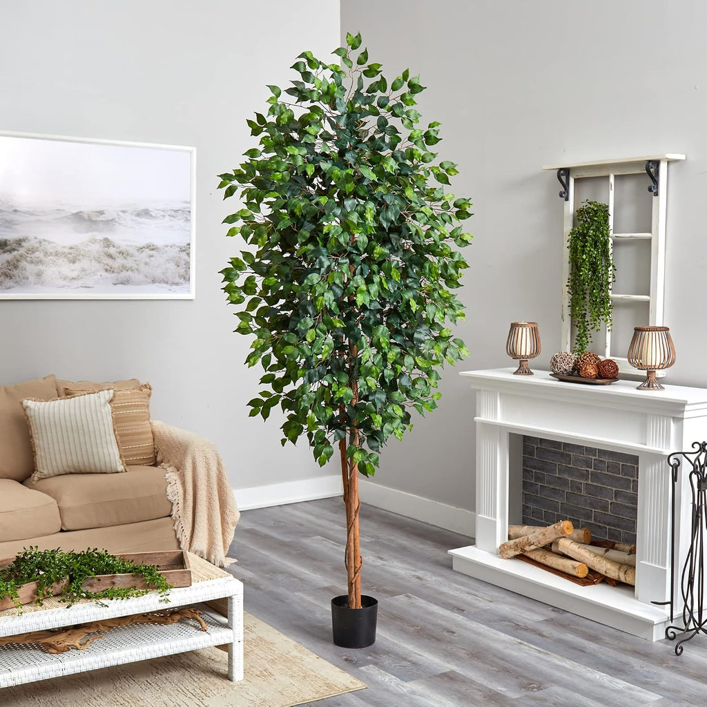 Nearly Natural 8ft Triple Trunk Artificial Ficus Tree with Natural Wood Trunks, Fake Tree for Indoor Home Décor, Faux Ficus Tree with Black Nursery Pot