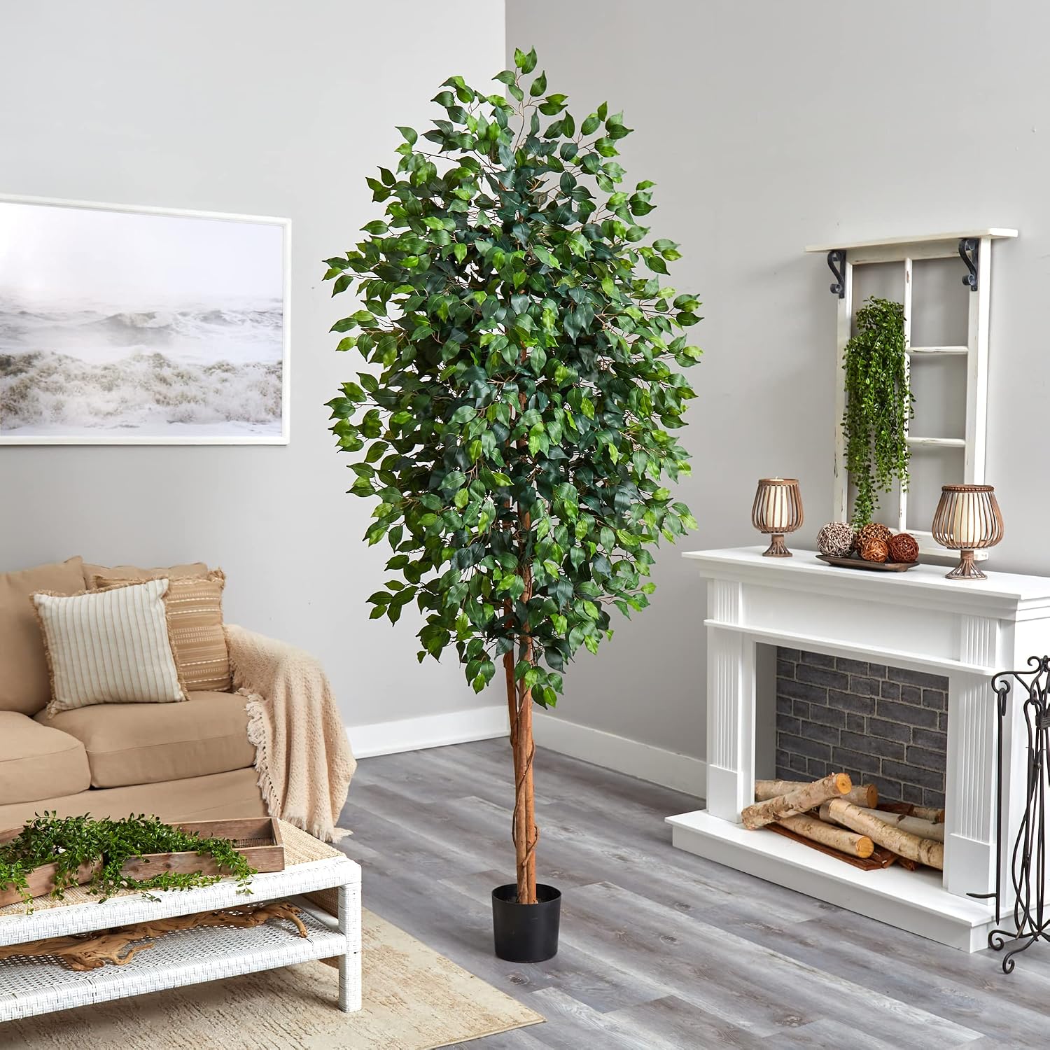 Nearly Natural 8ft Triple Trunk Artificial Ficus Tree with Natural Wood Trunks, Fake Tree for Indoor Home Décor, Faux Ficus Tree with Black Nursery Pot