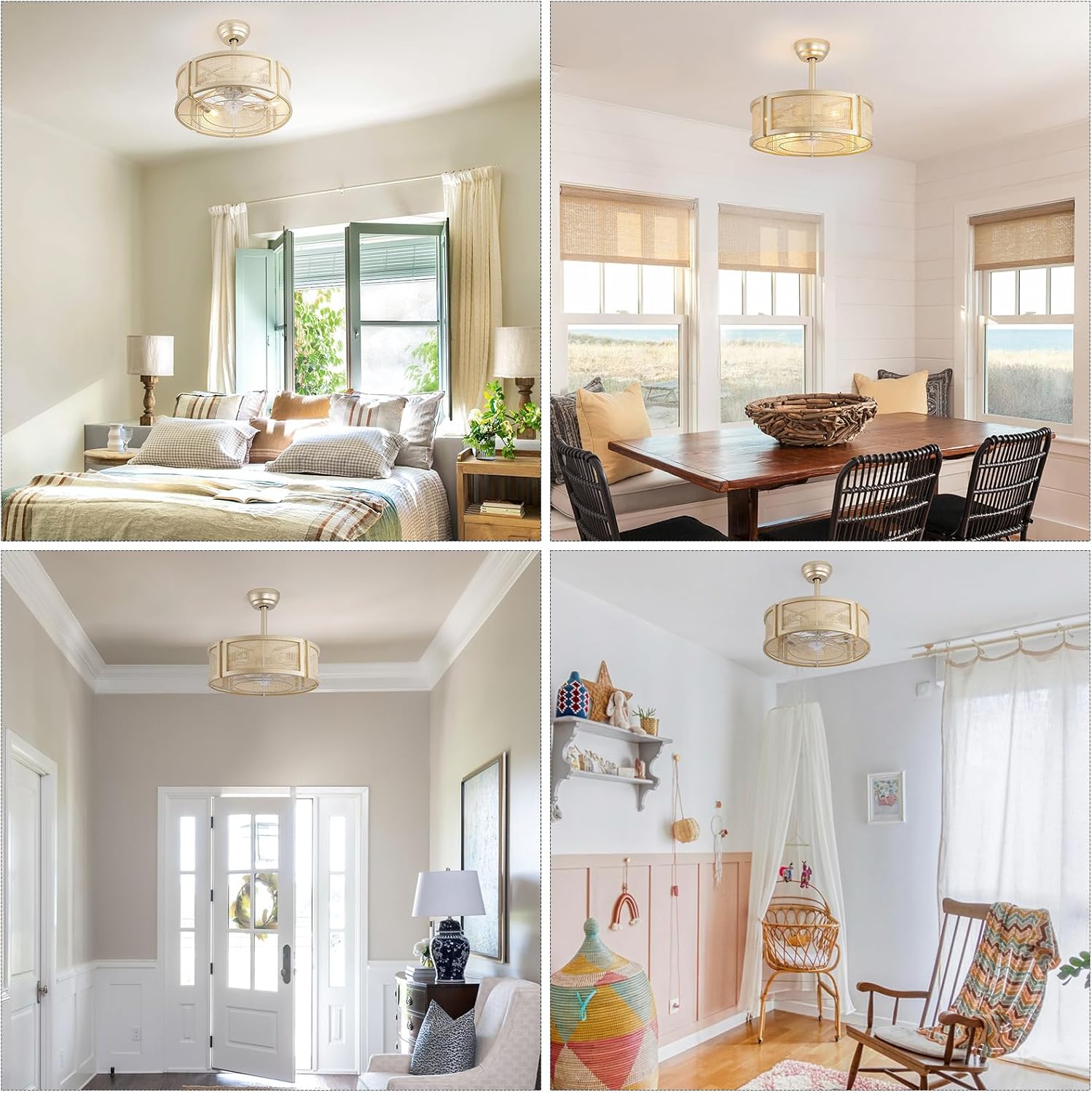 20' Boho Ceiling Fans with Lights, Rattan Fandelier Ceiling Fan with Light Remote Control with Caged 6 Speeds for Bedroom, Nursery, Living Room (Gold)