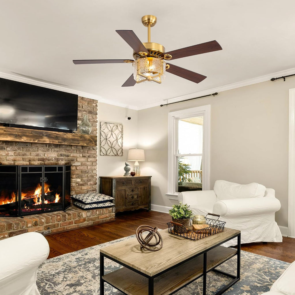 52 Inch Rustic Farmhouse Ceiling Fan with Light & Remote, Ultra Quiet DC Motor, Reversible 5-Blade Design Antique Ceiling Fan Light Dual Downrod for Low/High Ceilings - Modern Black Gold