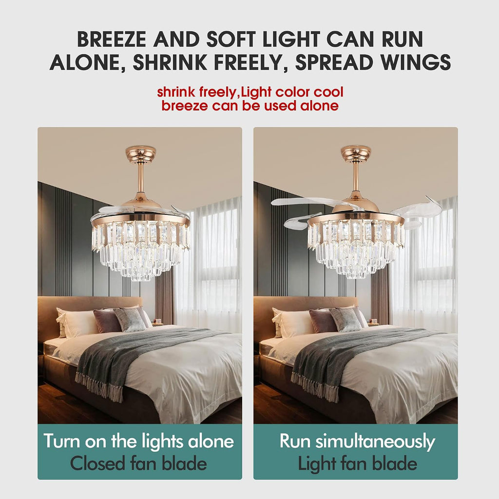 Crystal LED Ceiling Fans with Lights and Remote Controller 42 Inches Modern Fandelier Ceiling Lighting Fixture Crystal Fan Light Kit for Bedroom Dinning Room Living Room (Gold)