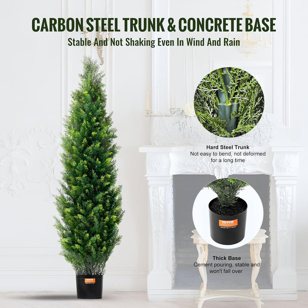VEVOR Artificial Topiary Cedar Tree, 60 inch Tall (2 Pieces), with Extra Leaves & Pot Faux Evergreen Fake Pine Cypress Trees Plant, UV Rated Artificial Greenery Set for Home Decor Indoor/Outdoor