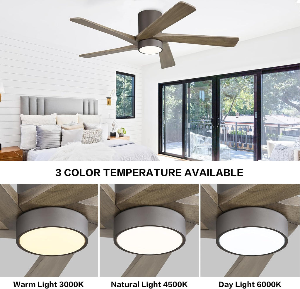 WINGBO 54 Inch Flush Mount DC Ceiling Fan with Lights and Remote, 5 Reversible Carved Wood Blades, 6-Speed Noiseless DC Motor, Hugger Ceiling Fan in Graphite Finish with Gray Blades, ETL Listed