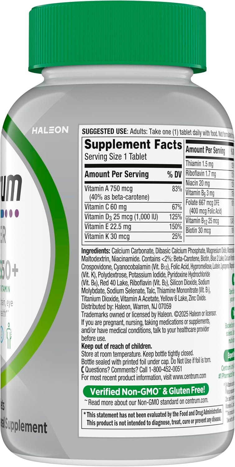 Centrum Silver Multivitamin for Adults 50 Plus, Multivitamin/Multimineral Supplement, Vitamin D3, B Vitamins, Gluten Free, Non-GMO Ingredients, Supports Memory and Cognition in Older Adults - 220 Ct