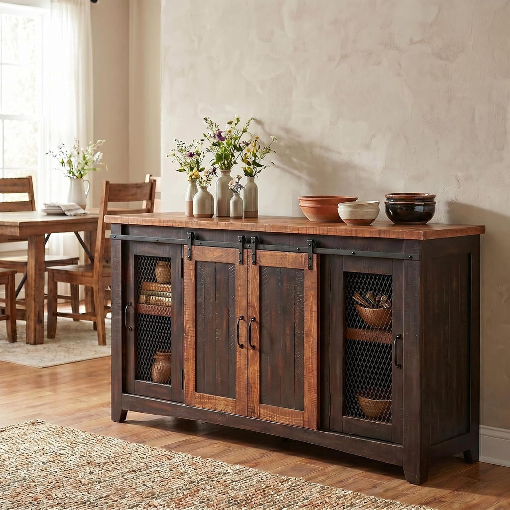 Martin Svensson Home 65' Solid Pine Wood Entertainment Center with Storage. Rustic TV Stand for TVs up to 70.' Sliding Doors, Adjustable Shelves & Cable Management – Black and Honey Finish