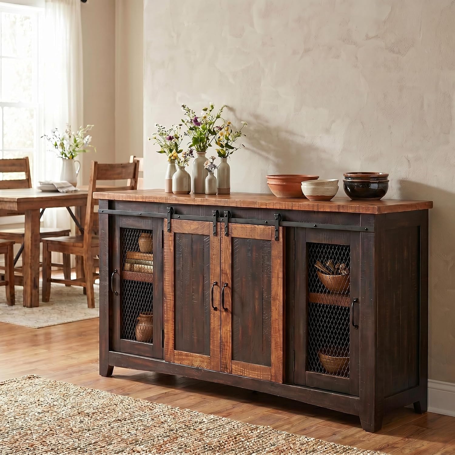 Martin Svensson Home 65' Solid Pine Wood Entertainment Center with Storage. Rustic TV Stand for TVs up to 70.' Sliding Doors, Adjustable Shelves & Cable Management – Black and Honey Finish