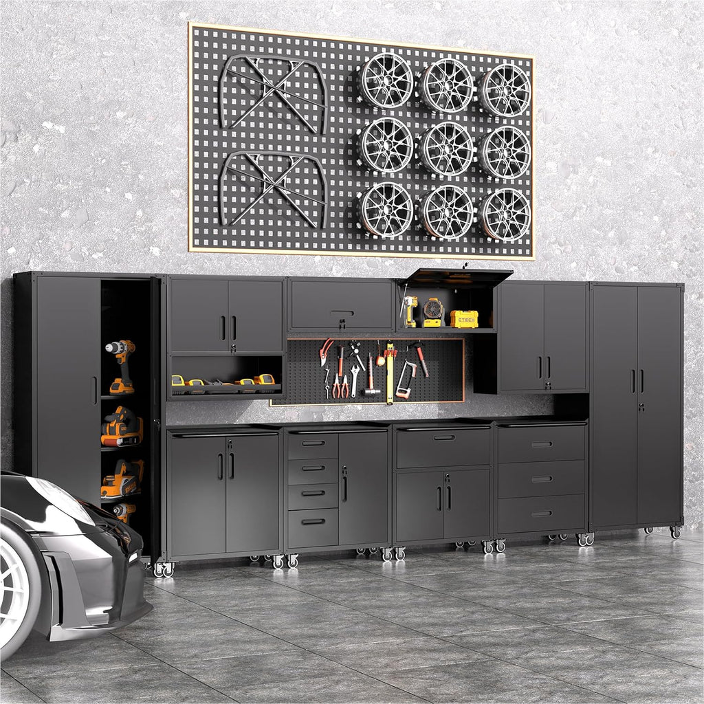 Garage Storage Cabinets System 10PCS Workshop Set with Drawers Locking Heavy Duty Rolling Cart with Adjustable Shelves Garage Tool Workbench Cabinets, Black