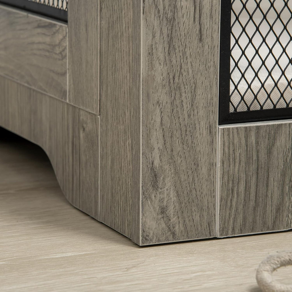 PawHut Dog Crate Furniture with Soft Water-Resistant Cushion, Dog Kennel End Table with Drawer, Puppy Crate for Small Dogs Indoor with 2 Doors, Gray