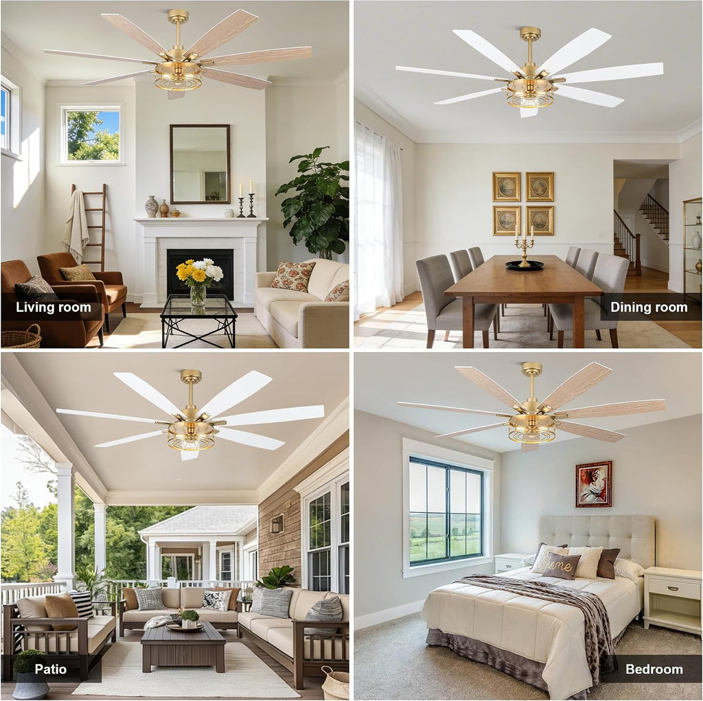 72 Inch White and Gold Ceiling Fan with Lights Fandelier Ceiling Fan Modern Caged Chandelier Farmhouse Fandeliers with Lights and Remote for Living Room Indoor Outdoor, Reversible 6 Speeds
