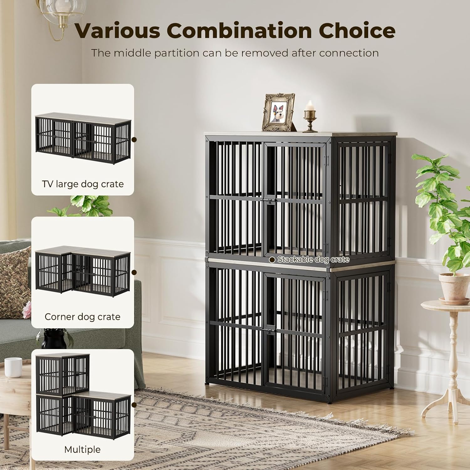 Lyromix 66'' Dog Crate Furniture with Double Rooms,Wooden Crate TV Stand with Removable Divider, Heavy Duty Indoor Puppy Cage Kennel for Small to Medium Dogs, Can Use Separately, Grey