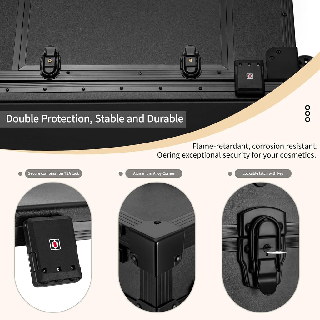 Portable Manicure Table 3 Drawers, Rolling Lockable Makeup Train Case with Blueteeth Speaker and Nail Polish Organizer, Foldable Nail Desk with Mirror & TSA Lock for Nail Tech and Salon Use